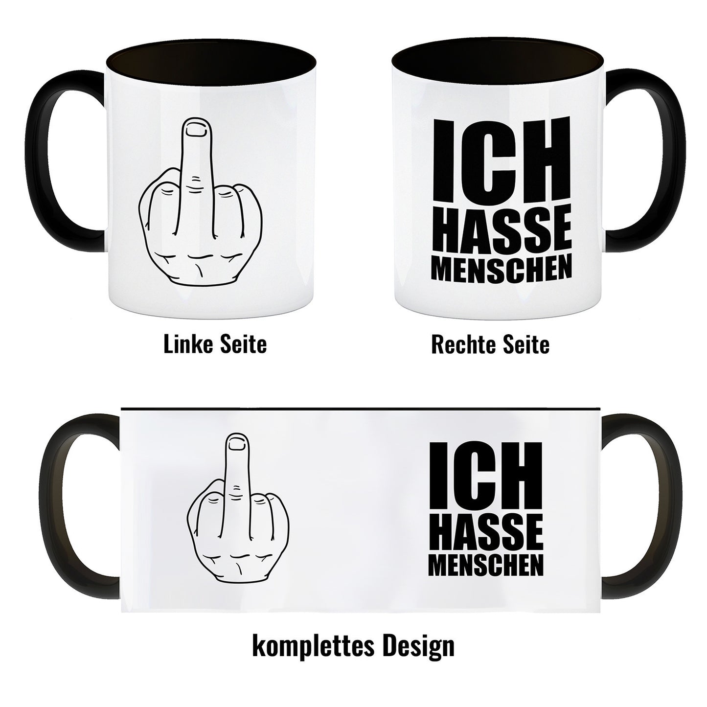 Ich hasse Menschen Kaffeebecher Henkel und Innenseite Schwarz