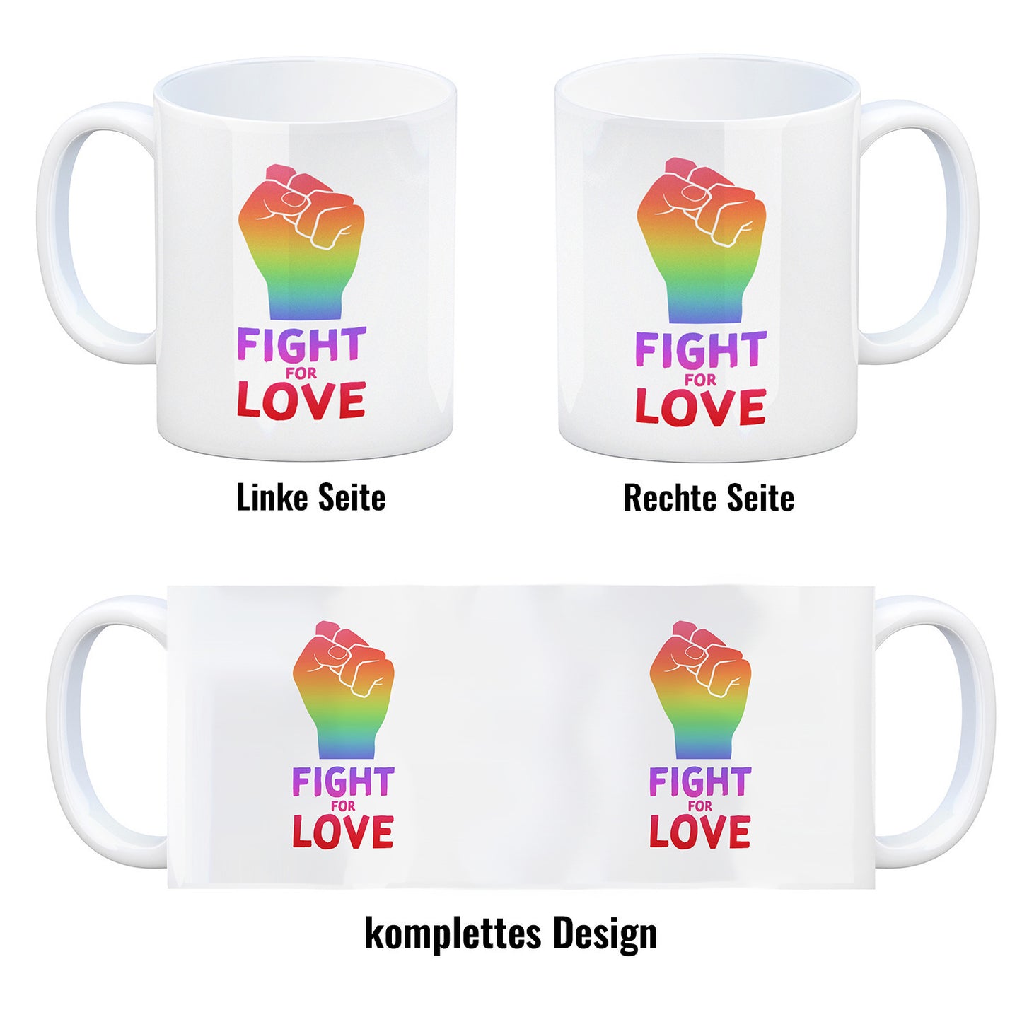 Fight for Love Kaffeebecher mit Faust in Regenbogenfarben