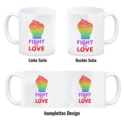 Fight for Love Kaffeebecher mit Faust in Regenbogenfarben