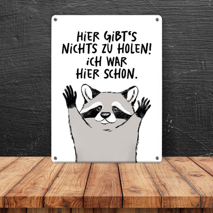 Waschbär Metallschild in 15x20 cm mit Spruch Hier gibts nichts zu holen