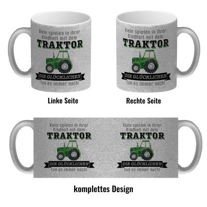 Traktor Glitzer-Kaffeebecher mit Spruch Kindheitsträume - Für immer Traktor fahren