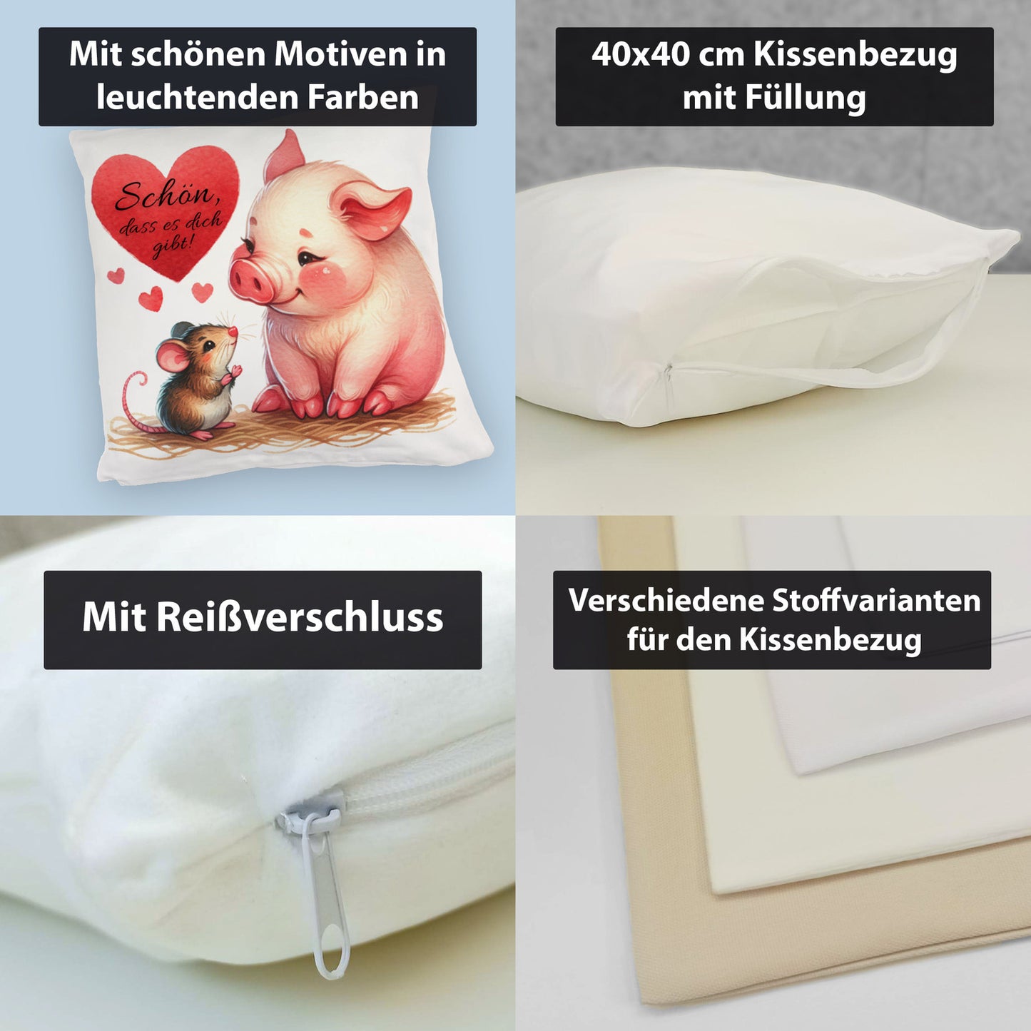 Schwein mit Maus und Herz Kuschelkissen mit Spruch Schön dass es dich gibt