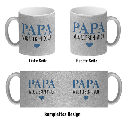 Papa wir lieben dich Glitzer-Kaffeebecher in blau mit Herz