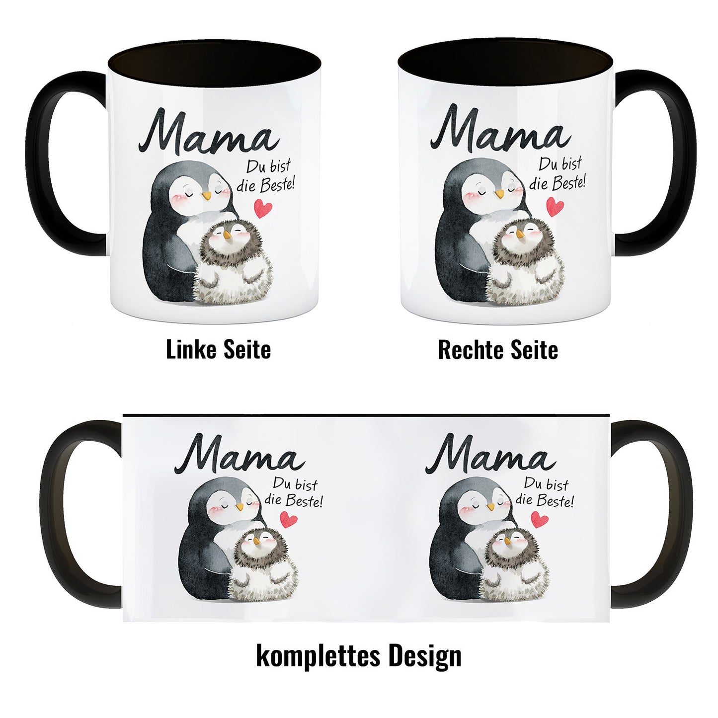 Pinguin Mutter und Kind Kaffeebecher in schwarz mit Spruch Mama du bist die Beste