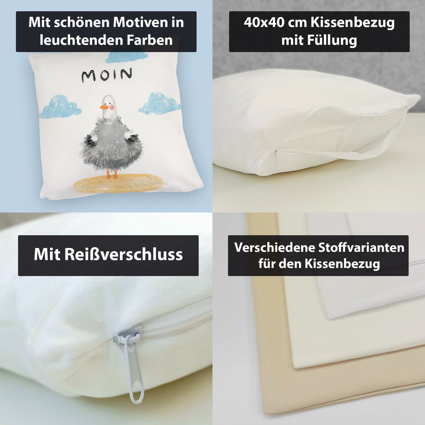 Möwe Kuschelkissen mit Spruch Moin