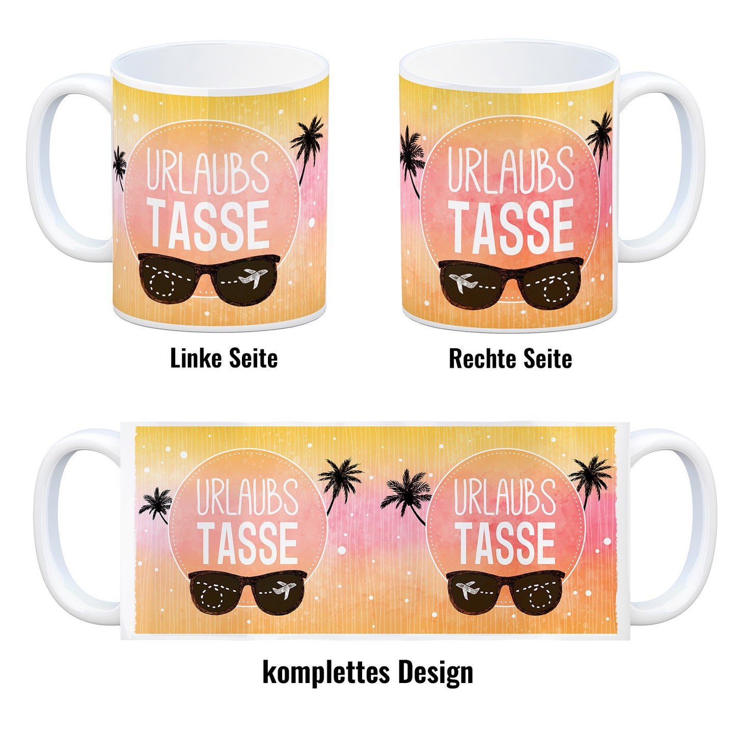 Kaffeebecher mit sommerlichem Urlaub Motiv und Spruch: Urlaubs Tasse