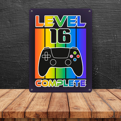 16. Geburtstag Gamer Metallschild XL in 21x28 cm mit Spruch Level 16 complete