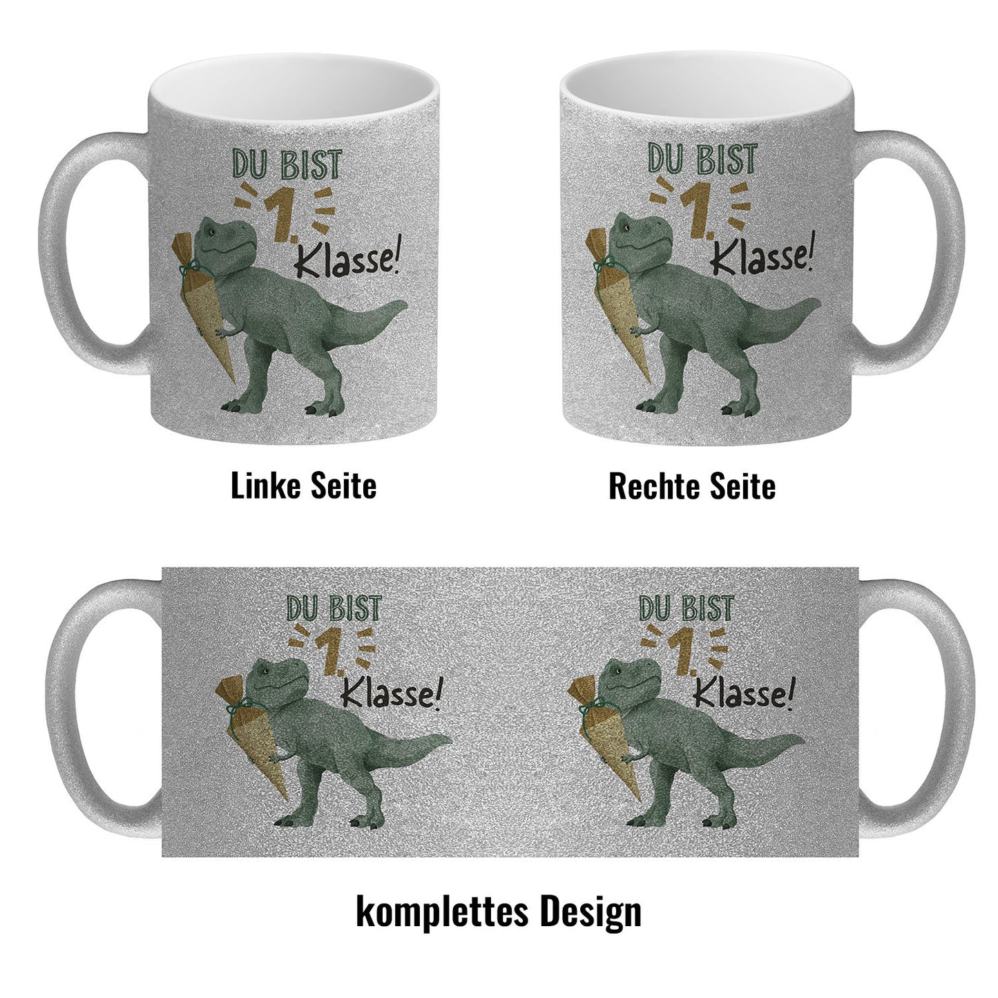 Dino mit Schultüte Glitzer-Kaffeebecher mit Spruch Du bist 1. Klasse!