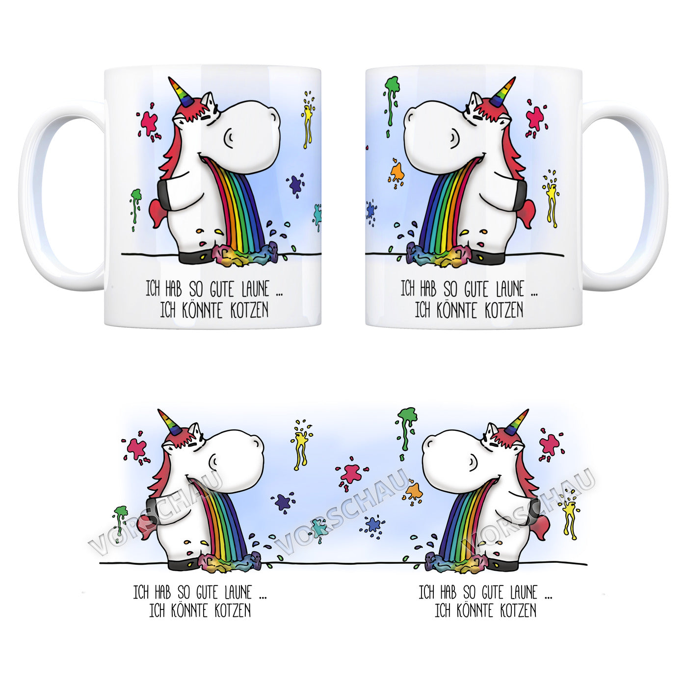 Honeycorns Kaffeebecher mit Einhorn Kotze Motiv und Spruch: Ich habe so Gute Laune