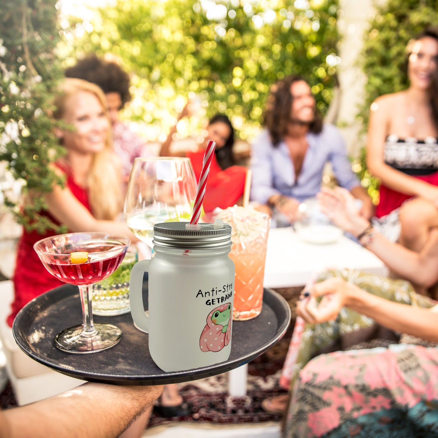 Frosch in rosa Decke Mason Jar Henkel Trinkglas mit Deckel mit Spruch Anti-Stress Getränk