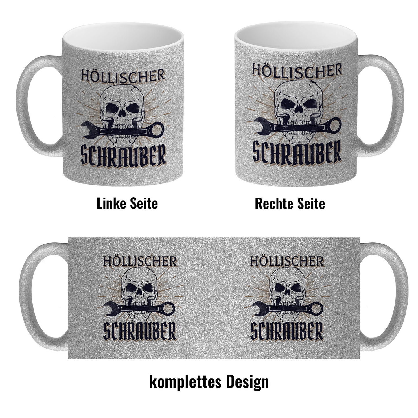 Höllischer Schrauber Glitzer-Kaffeebecher mit Totenkopf und Schraubenschlüssel Motiv