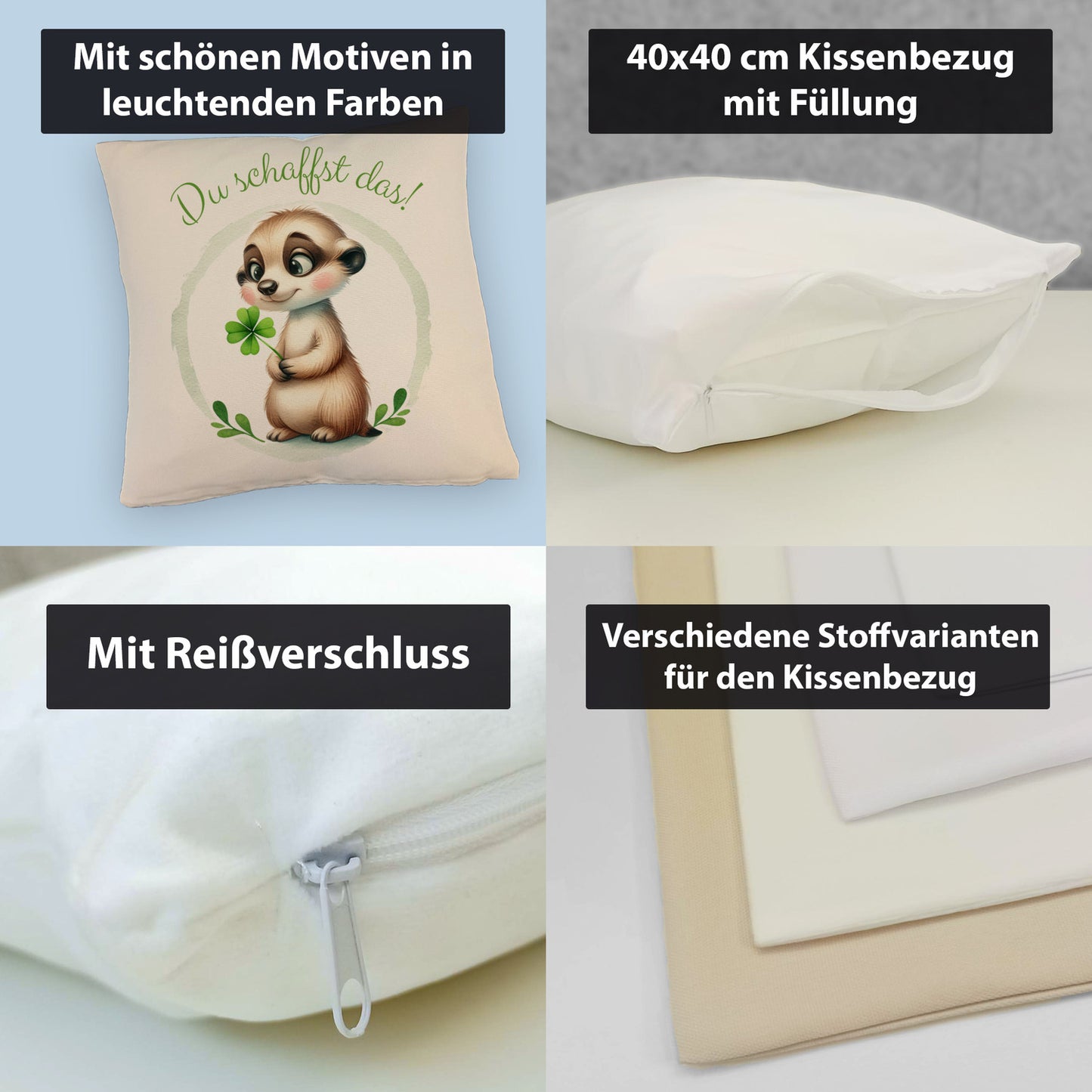 Erdmännchen mit Kleeblatt Kissen mit Leinenoptik mit Spruch Du schaffst das