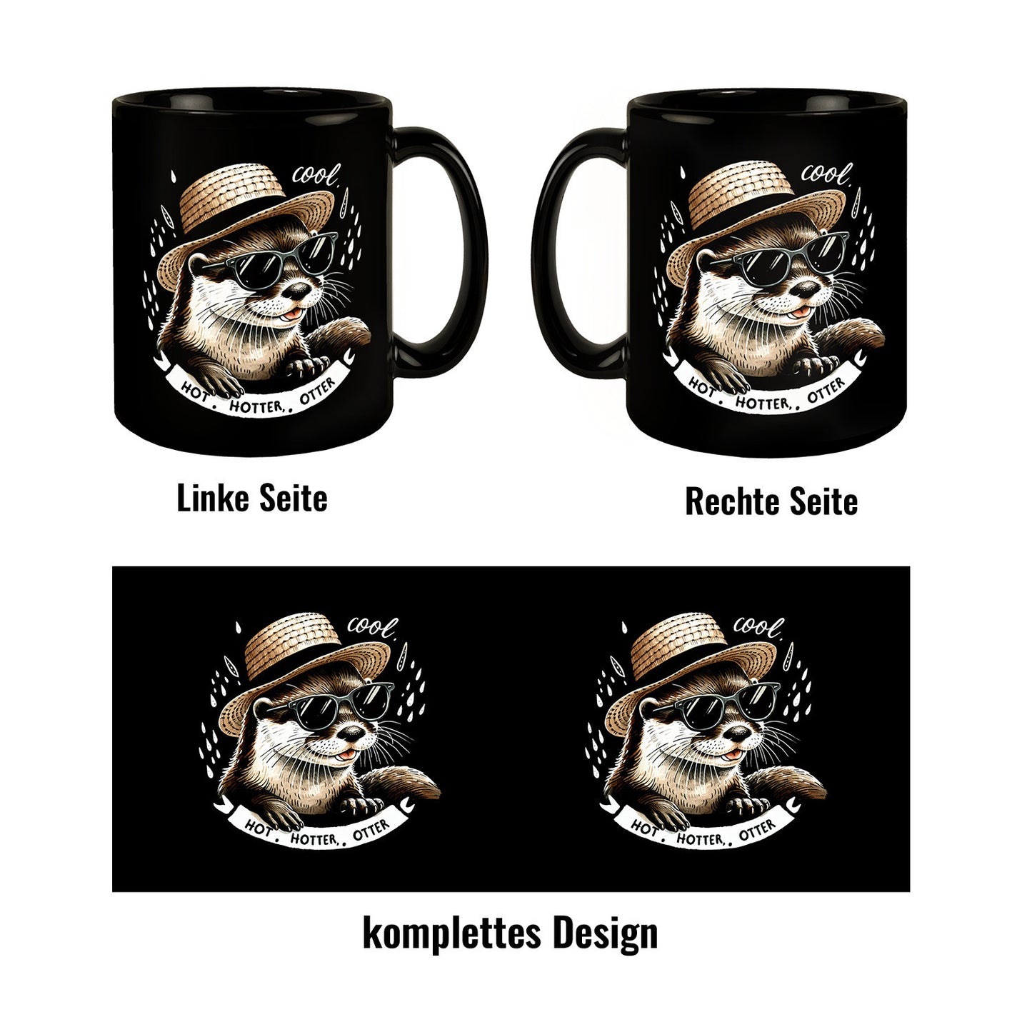 Otter mit Strohhut und Sonnenbrille Tasse in Schwarz mit Spruch Hot Hotter Otter