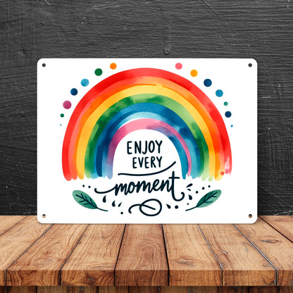 Regenbogen Metallschild XL in 21x28 cm mit Spruch Enjoy every moment