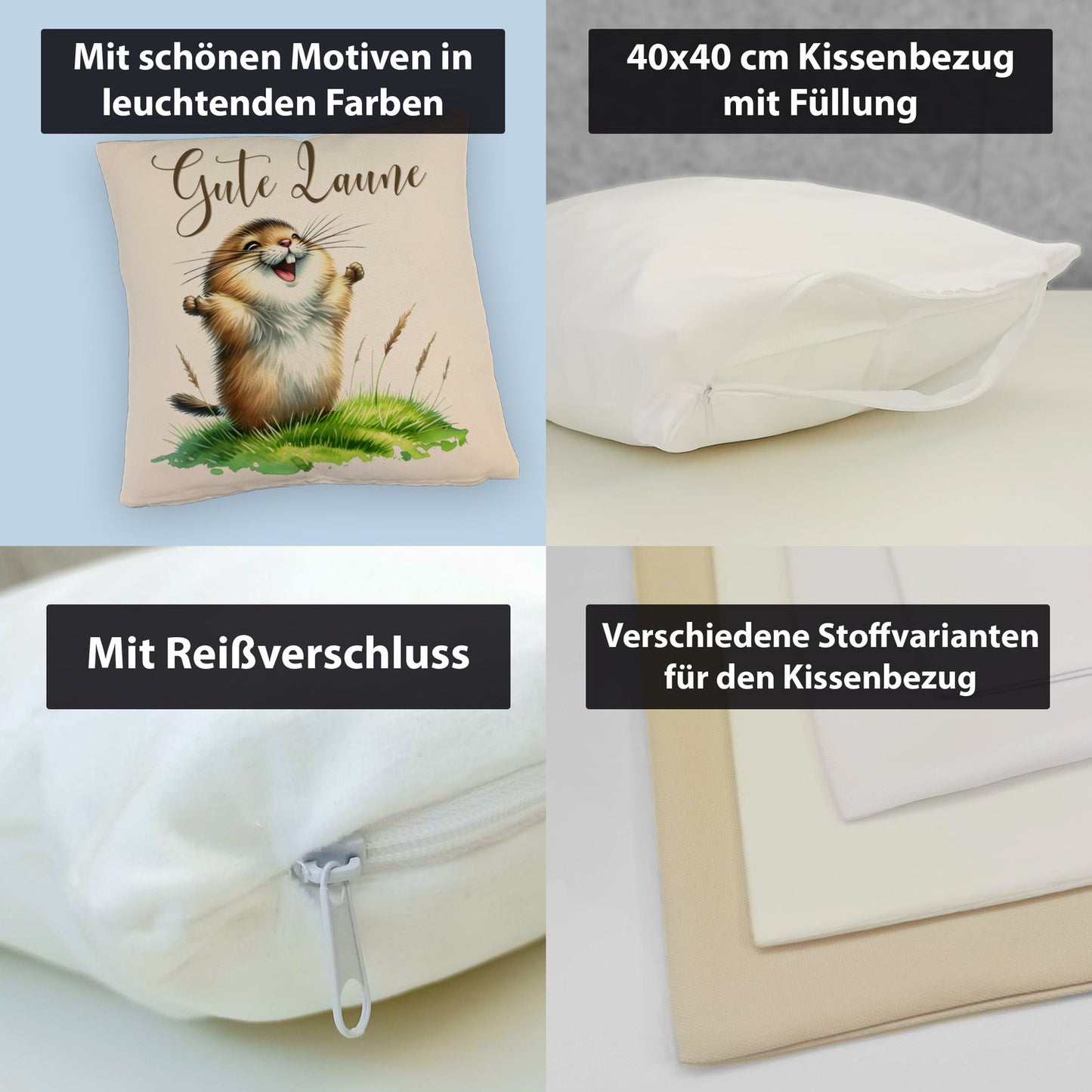 jubelnder Lemming Kissen mit Leinenoptik mit Spruch Gute Laune