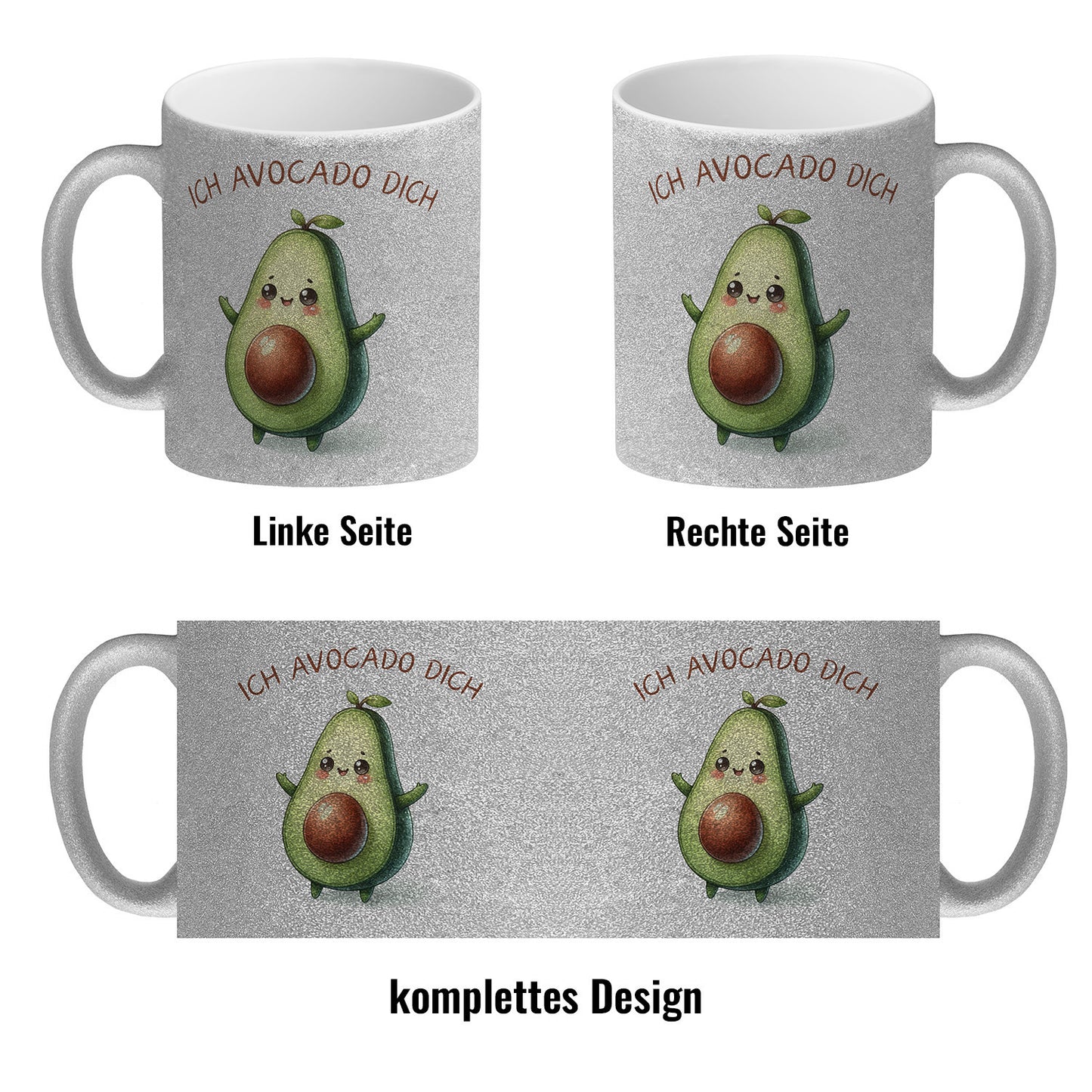 Avocado Glitzer-Kaffeebecher mit Spruch Ich Avocado dich