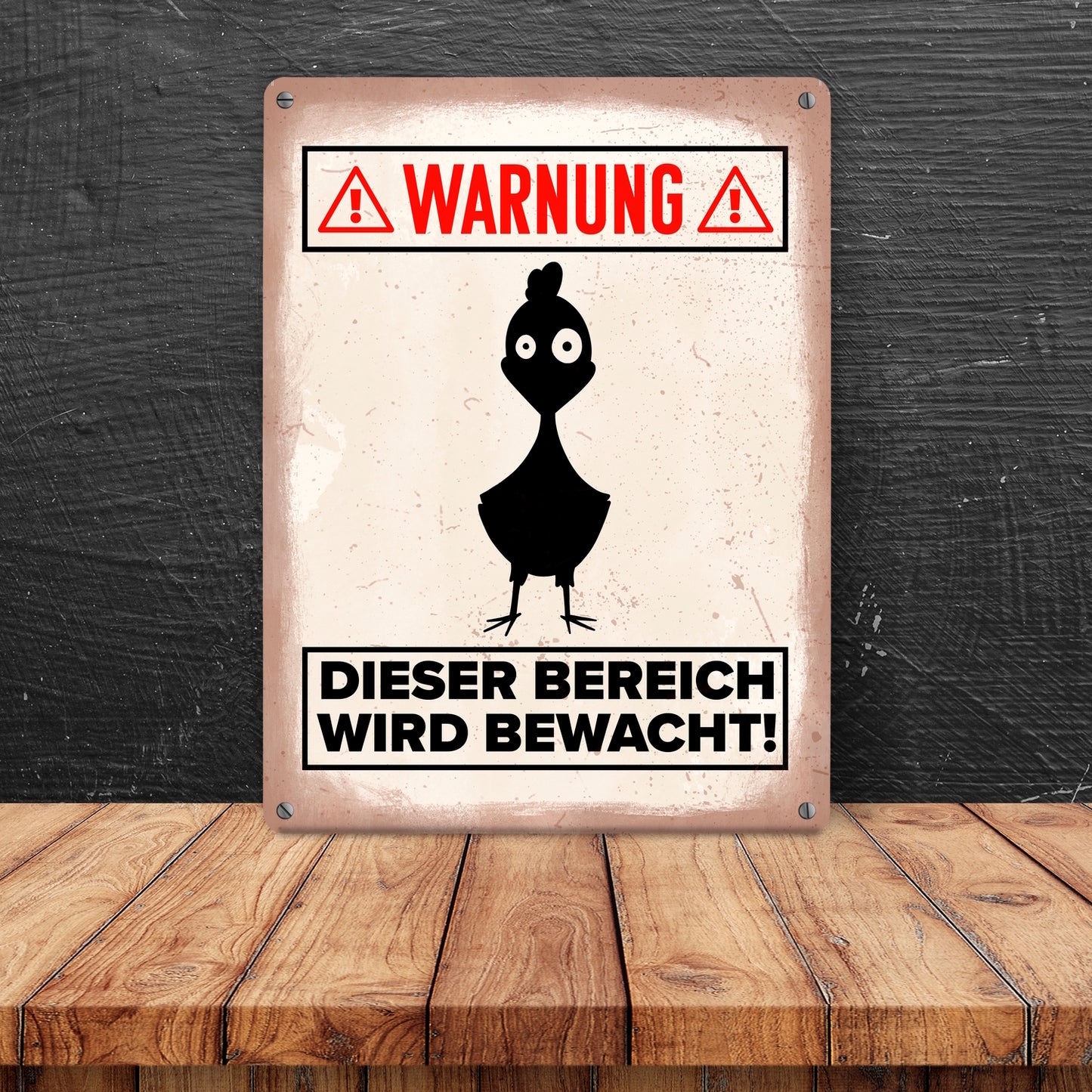 Warnung Bereich wird bewacht Metallschild XL in 21x28 cm mit Huhn Silhouette