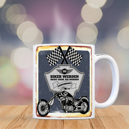 Motorradfahrer und Biker Kaffeebecher bzw. Tasse zum 85. Geburtstag als Geschenk