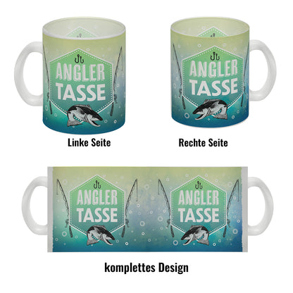 Angler Becher Glas Tasse mit Fisch und Angel Motiv