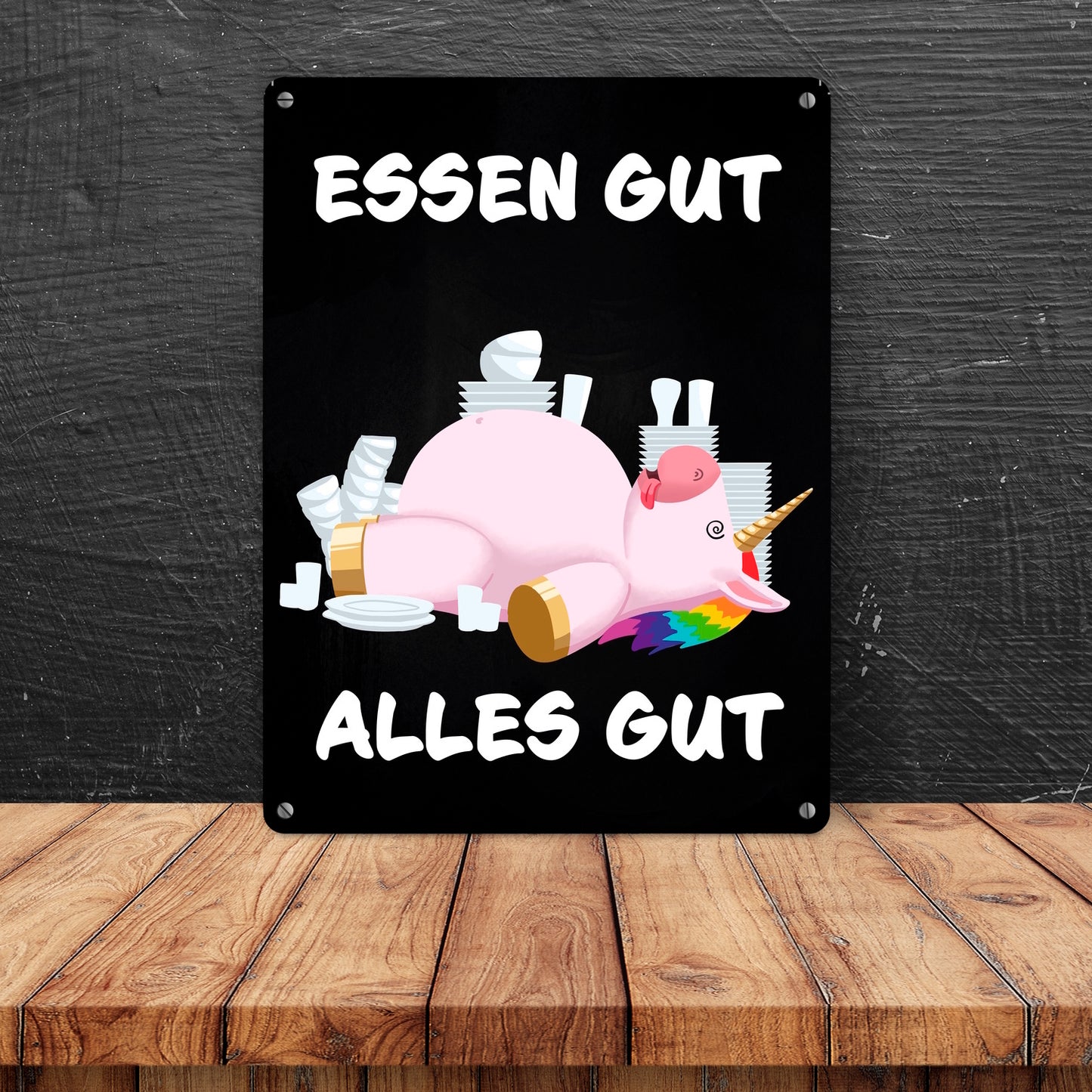 Essen gut alles gut witziges Metallschild in 15x20 cm mit dickem Einhorn