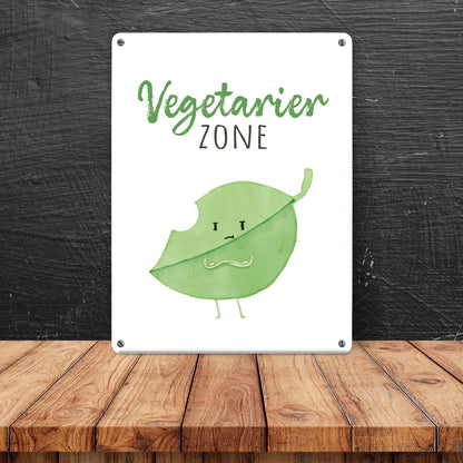 Blatt Metallschild in 15x20 cm mit Spruch Vegetarier Zone