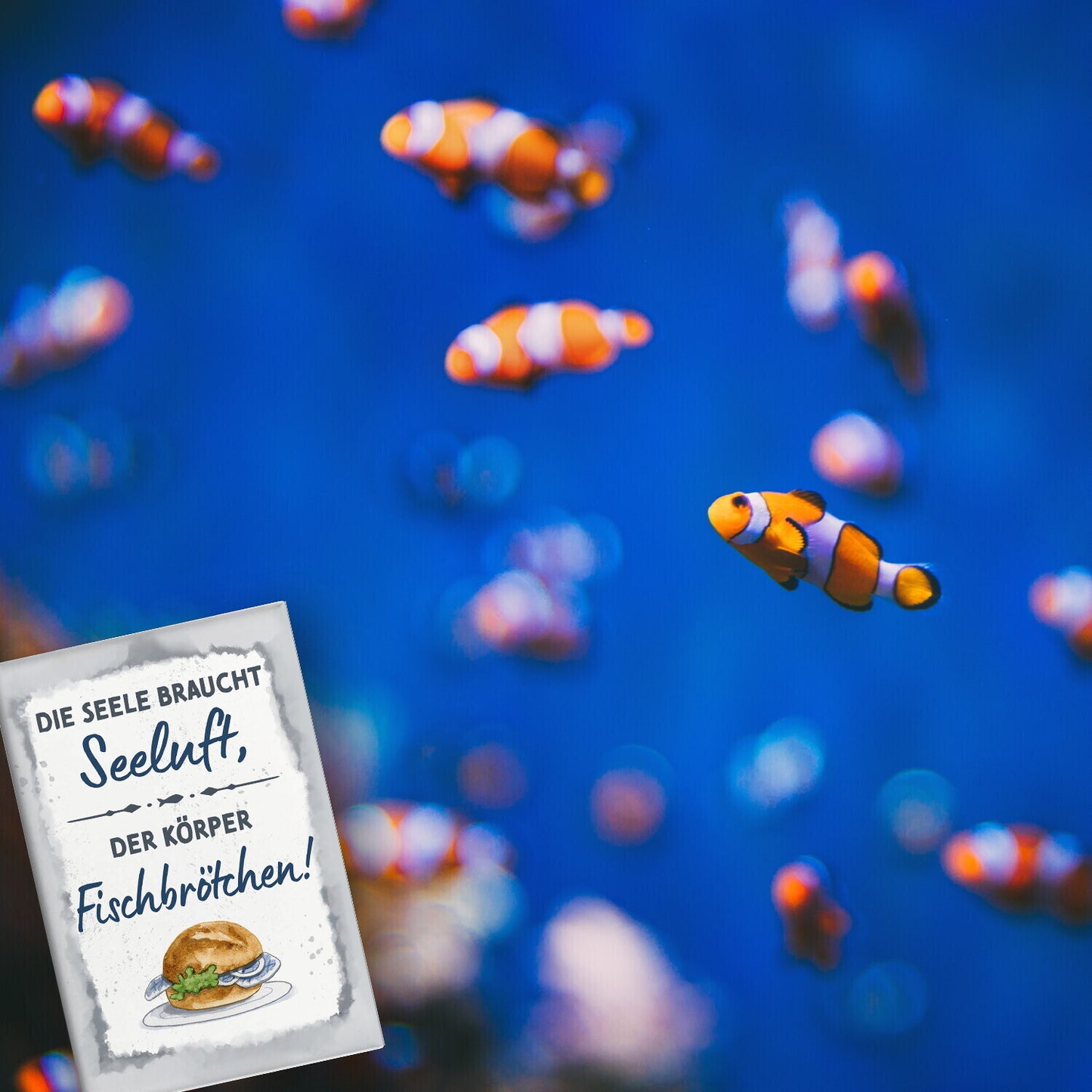 Fischbrötchen Souvenir Magnet eckig mit Spruch Seele braucht Seeluft, der Körper Fisch