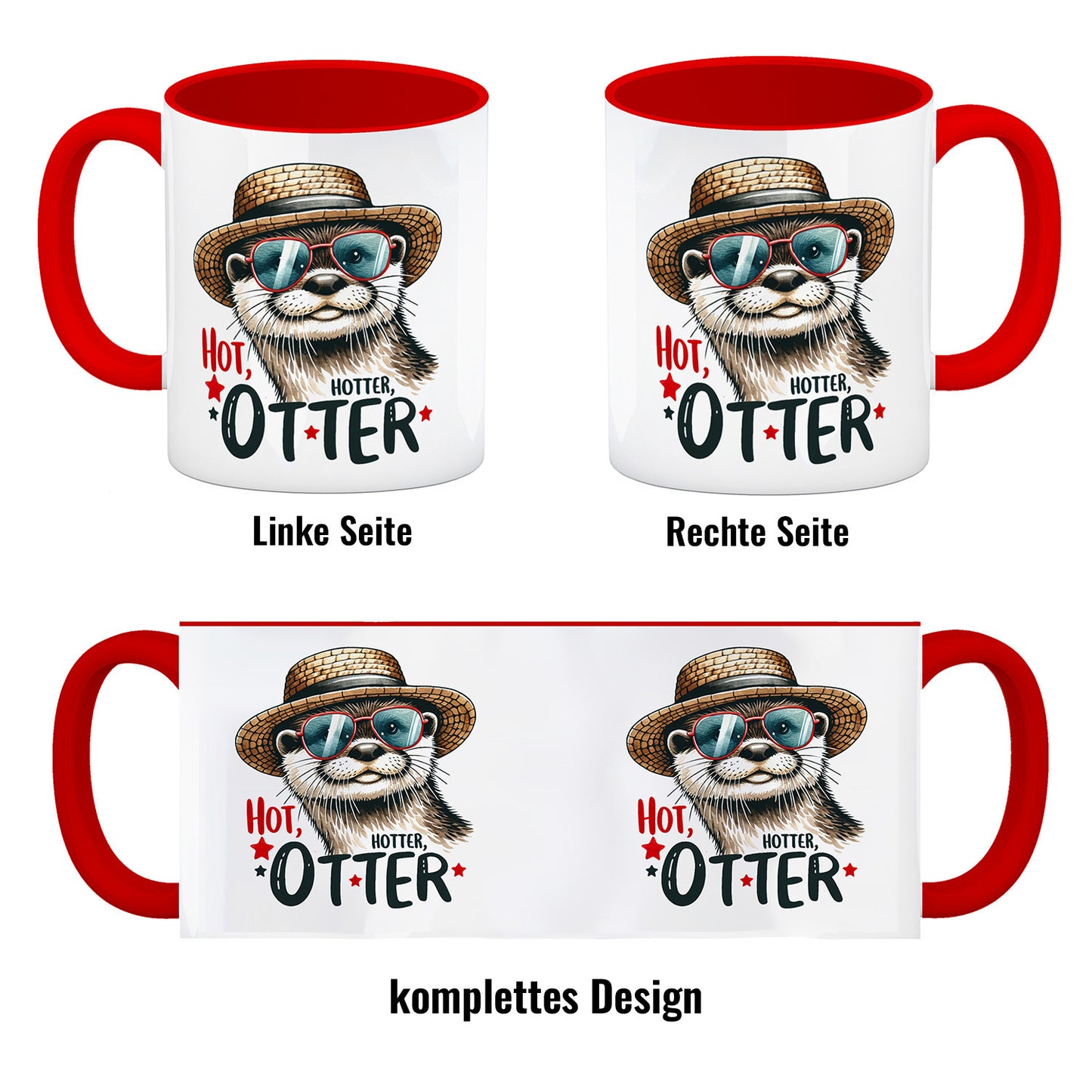 Otter mit Sonnenbrille und Strohhut Kaffeebecher in rot mit Spruch Hot Hotter Otter