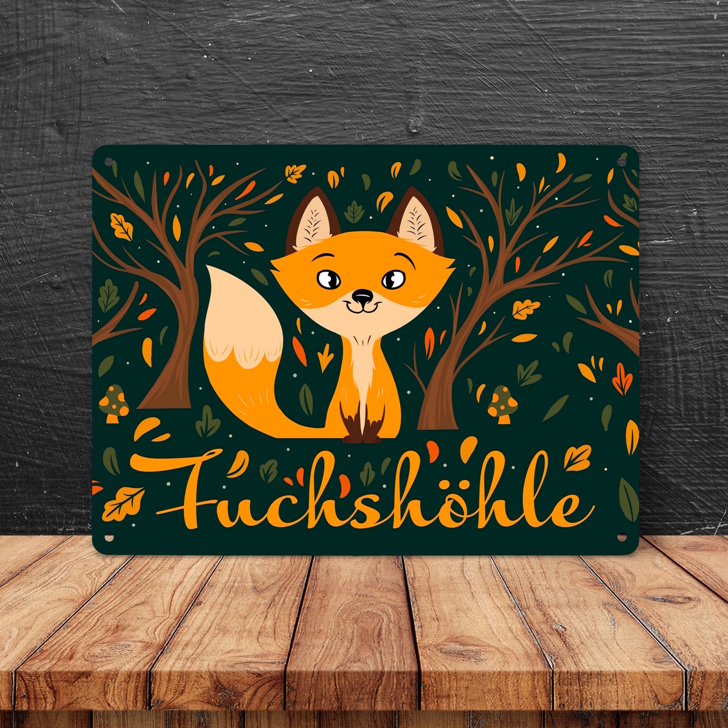 Metallschild XL in 21x28 cm mit niedlichem Fuchs im Wald und Herbst Motiven - Fuchshöhle