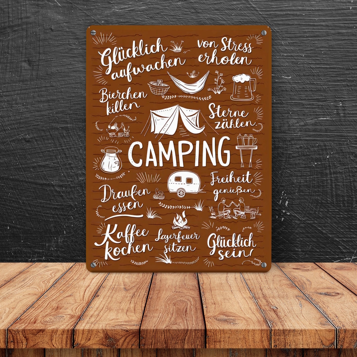 Camping Metallschild in 15x20 cm mit Spruch Glücklich sein, Freiheit genießen, Sterne zählen