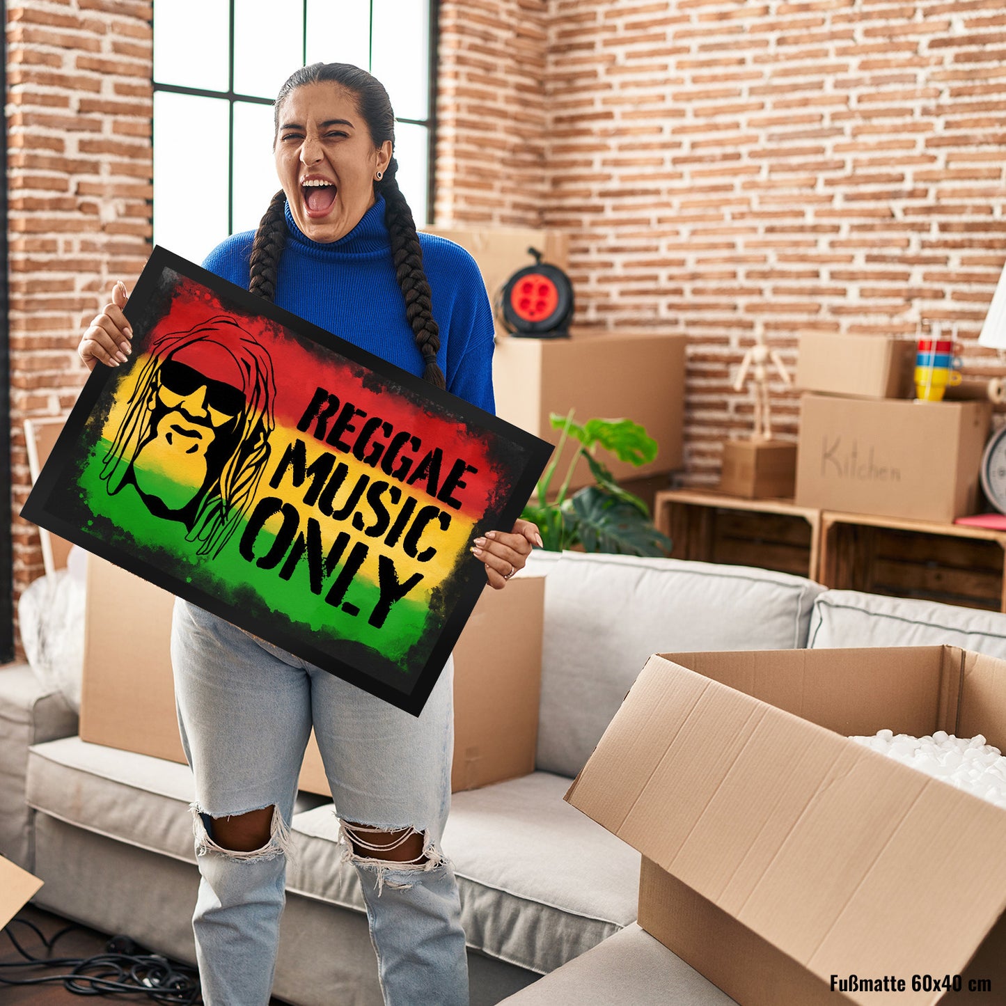 Reggae Music Only Fußmatte XL in 40x60 cm für Reggae Fans mit Rastafari Gesicht