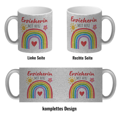 Regenbogen Glitzer-Kaffeebecher mit Spruch Erzieherin mit Herz