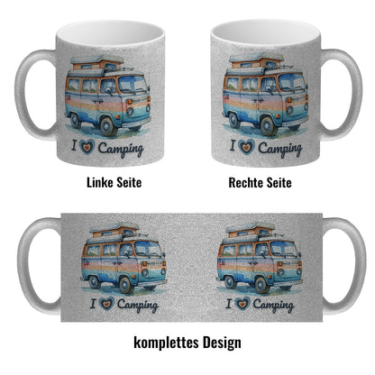 Campervan Glitzer-Kaffeebecher mit Spruch I love Camping