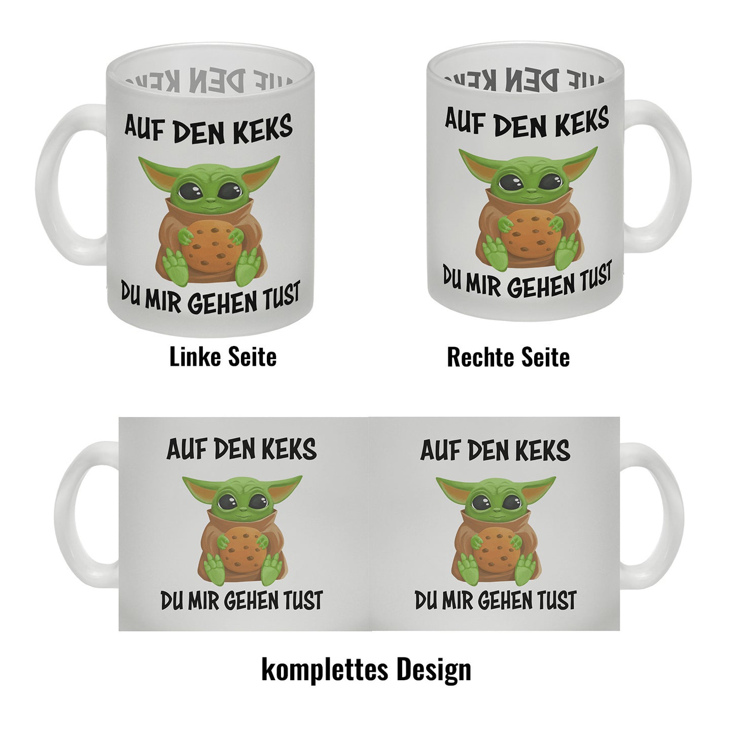 Baby-Alien Glas Tasse mit Spruch Auf den Keks du mir gehen tust