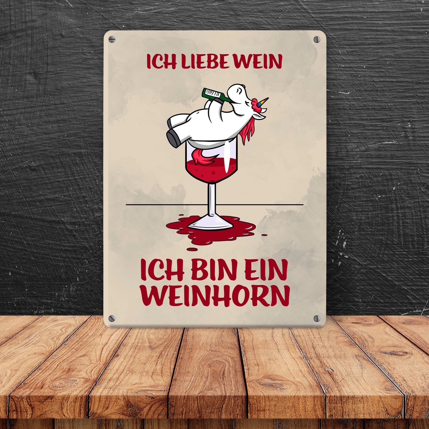 Metallschild in 15x20 cm mit Motiv und Spruch - Ich liebe Wein ich bin ein Weinhorn