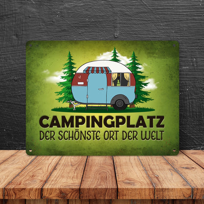 Metallschild XL mit Wohnwagen Motiv und Spruch: Campingplatz