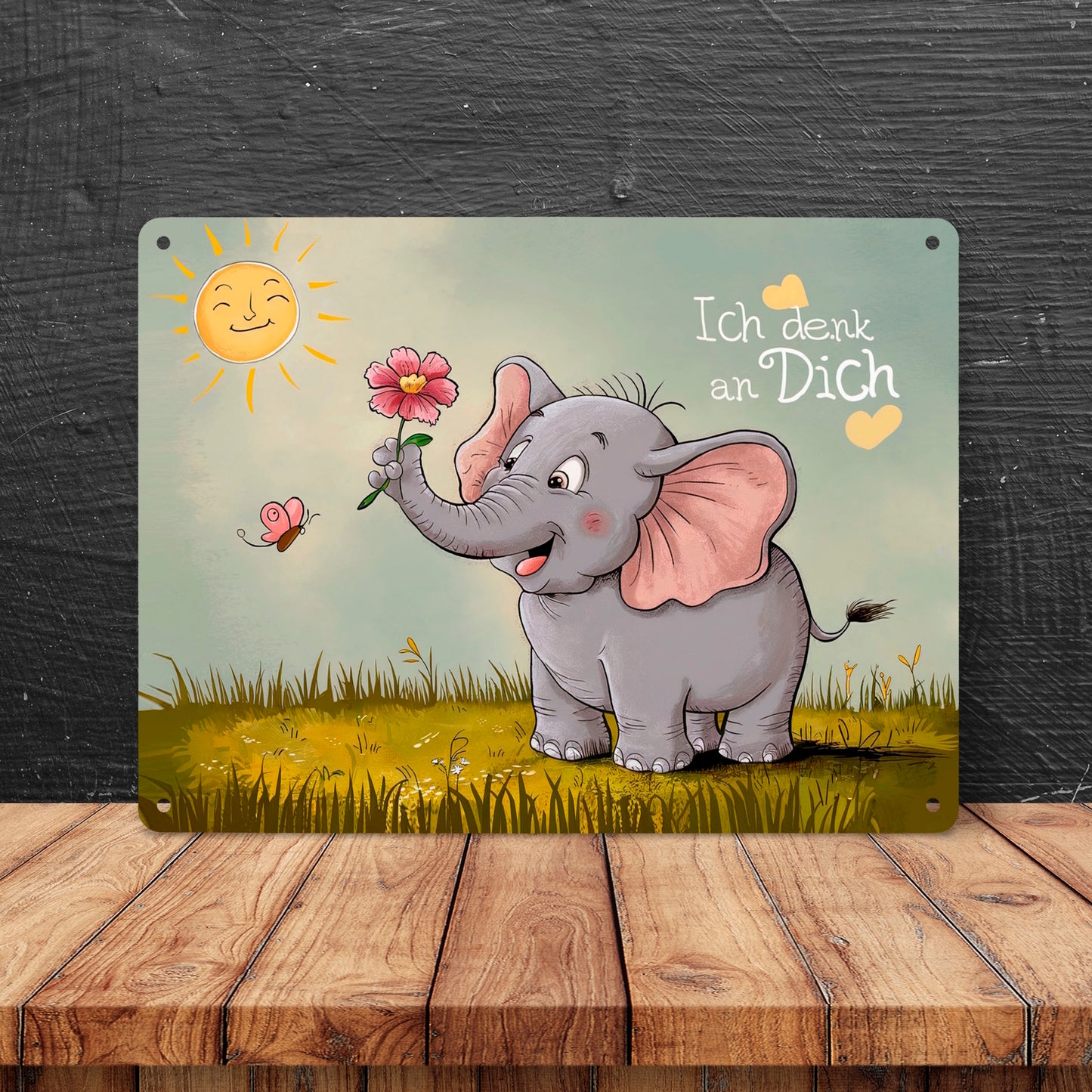 Cartoon-Elefant mit Blume - Metallschild XL in 21x28 cm - Ich denk an dich