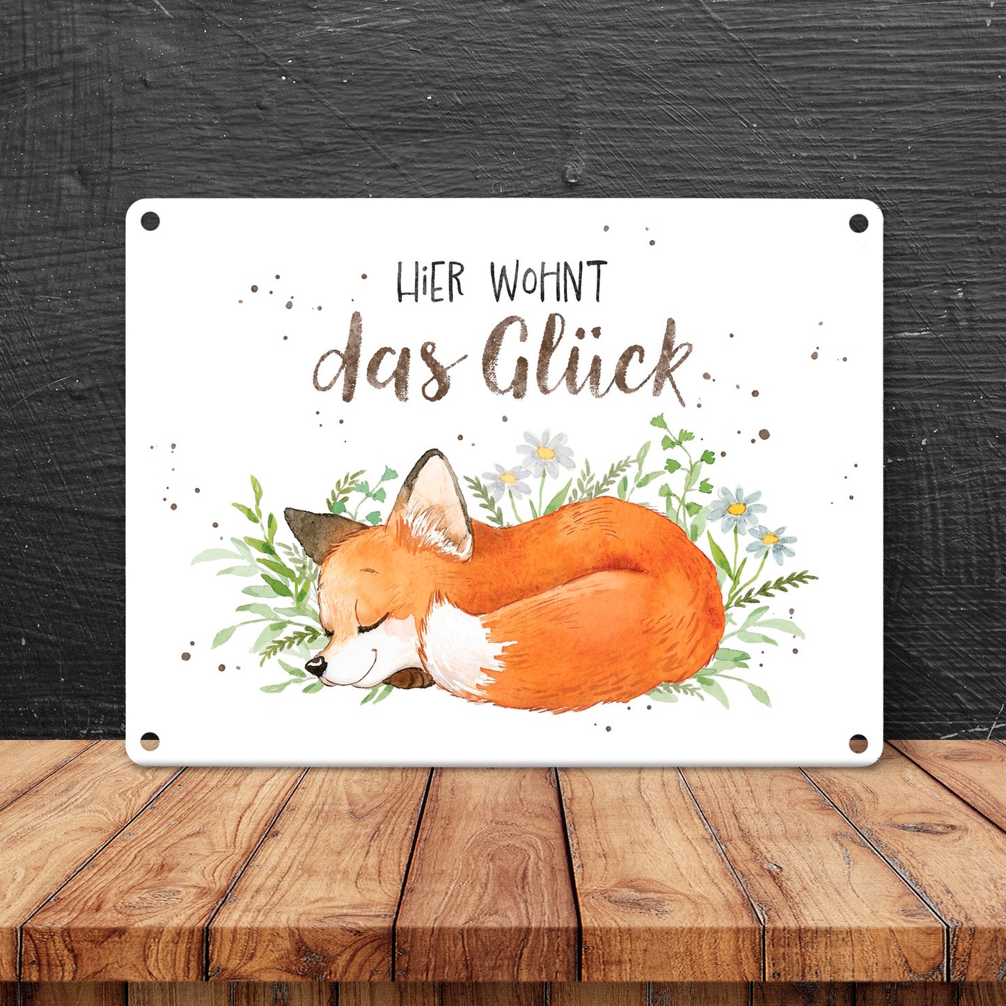 Fuchs Metallschild in 15x20 cm in weiß mit Spruch Hier wohnt das Glück