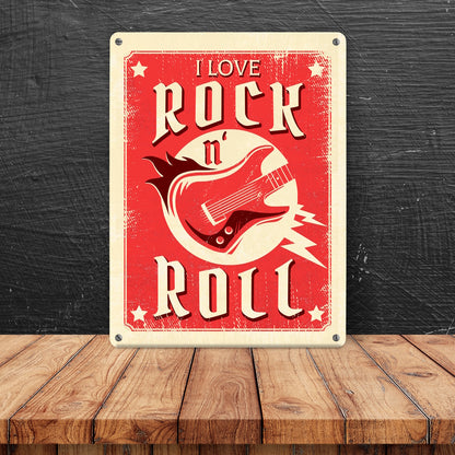 I Love Rock 'n' Roll Metallschild XL in 21x28 cm mit Gitarre