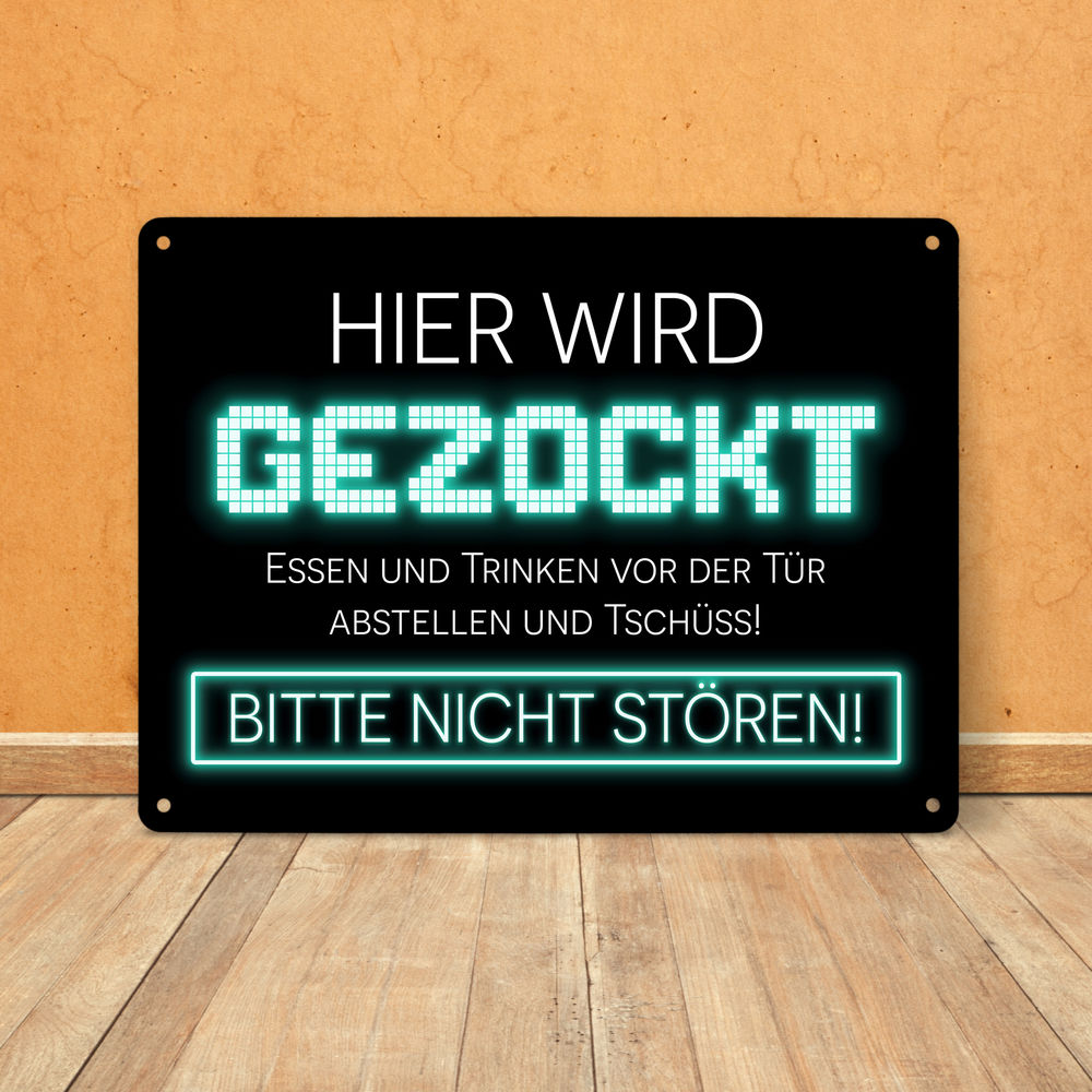 Hier wird gezockt Metallschild XL in 21x28 cm für Gamer in türkis