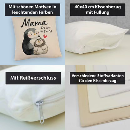 Pinguin Mutter und Kind Kissen mit Leinenoptik mit Spruch Mama du bist die Beste