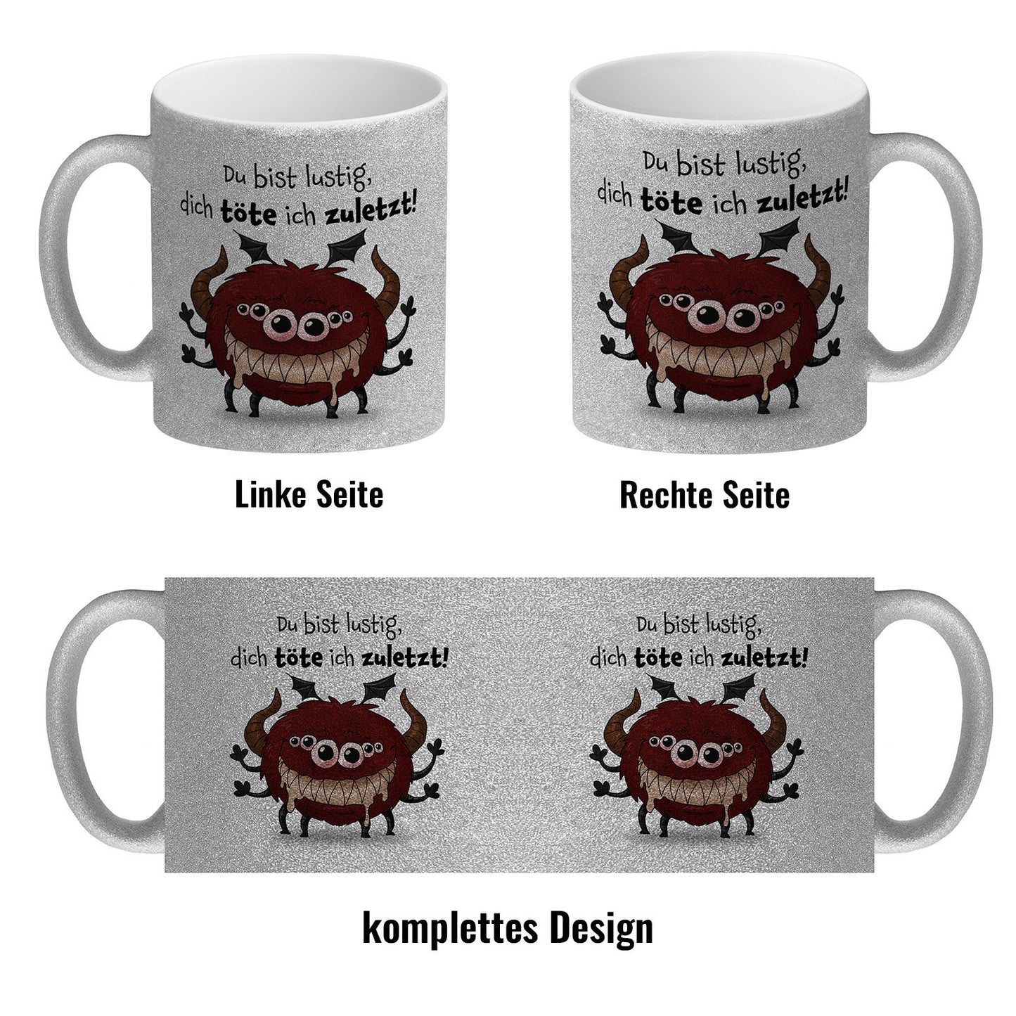 Freches Monster in dunkelrot Glitzer-Kaffeebecher mit lustigem Spruch