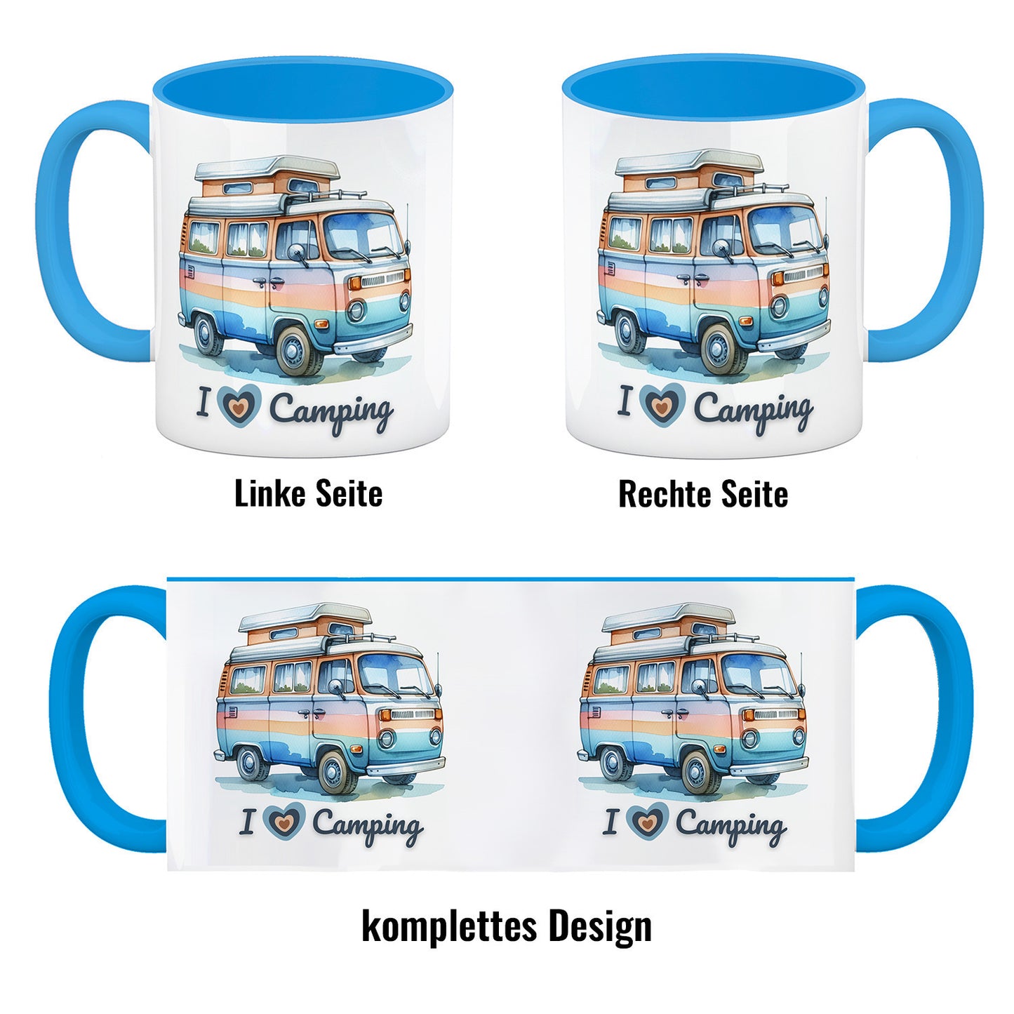 Campervan Kaffeebecher in hellblau mit Spruch I love Camping