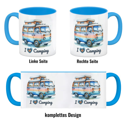 Campervan Kaffeebecher in hellblau mit Spruch I love Camping