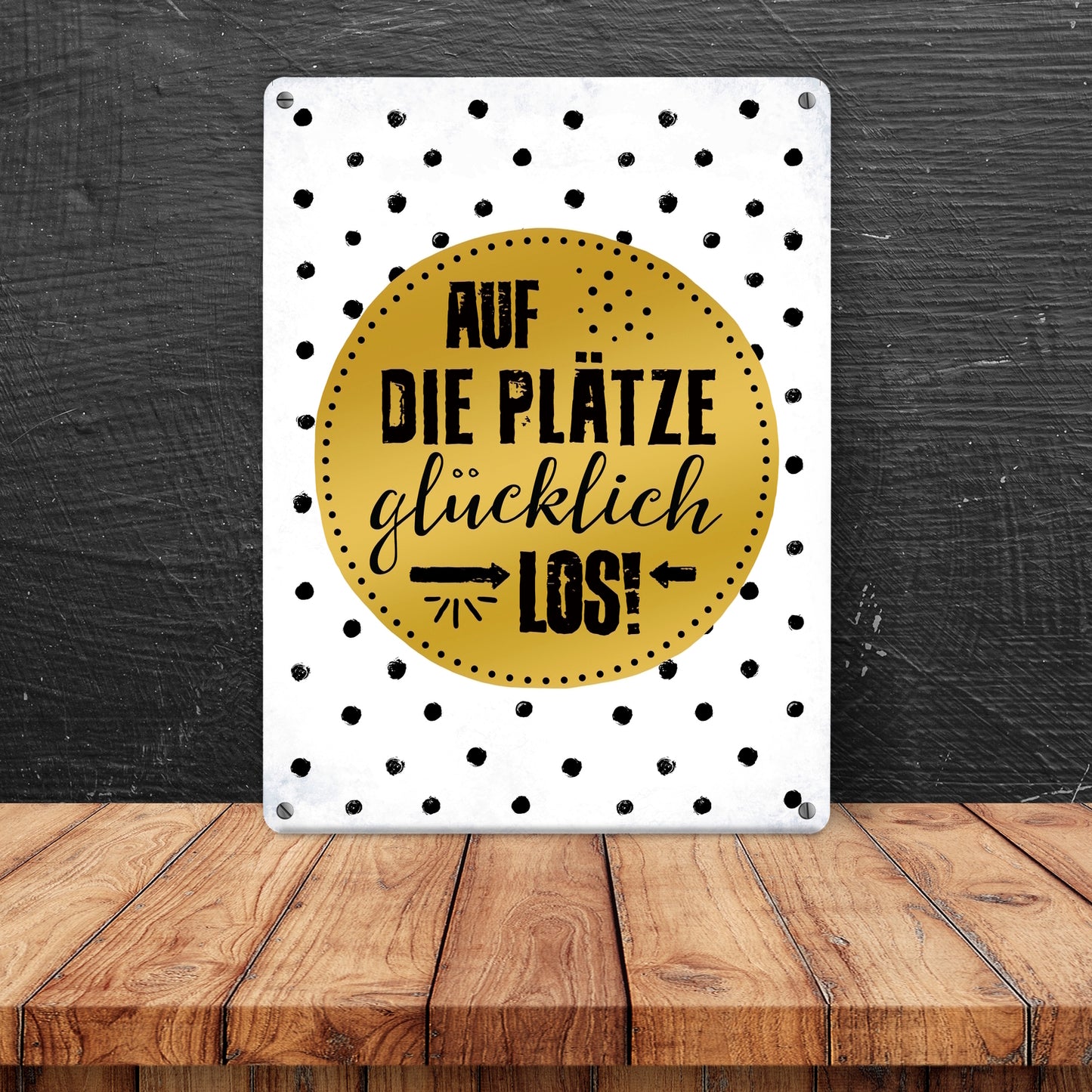 Metallschild XL mit Glück Motiv und Spruch: Auf die Plätze, glücklich, los!