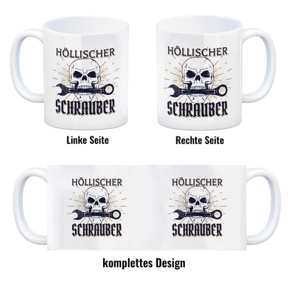 Höllischer Schrauber Kaffeebecher mit Totenkopf und Schraubenschlüssel Motiv