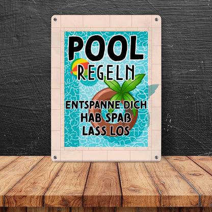 Poolregeln für Poolbesitzer Metallschild in 15x20 cm mit Schwimmring