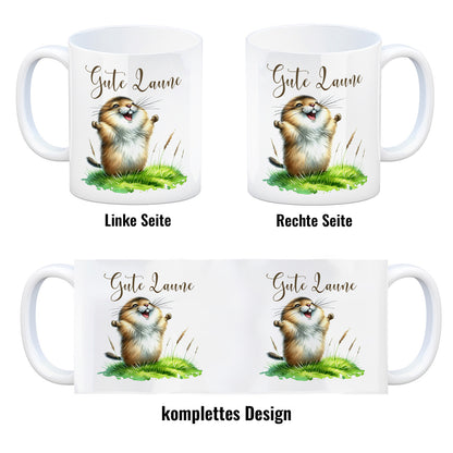 jubelnder Lemming Kaffeebecher mit Spruch Gute Laune