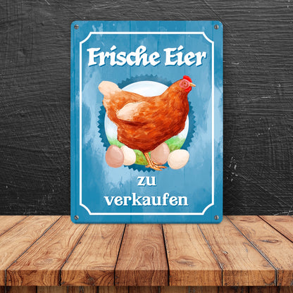 Frische Eier zu verkaufen Metallschild XL in 21x28 cm mit Huhn Motiv