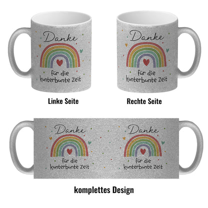 Regenbogen Glitzer-Kaffeebecher mit Spruch Danke für die kunterbunte Zeit