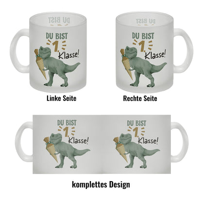 Dino mit Schultüte Glas Tasse mit Spruch Du bist 1. Klasse!